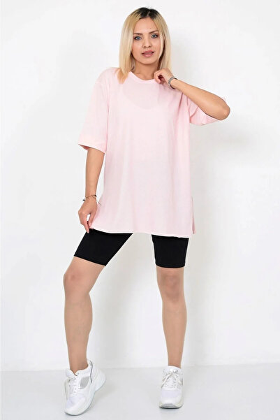 Kübra Tekstil Ροζ μπλουζάκι με μισό μανίκι με λεπτομέρεια σχισμής στο πάτο