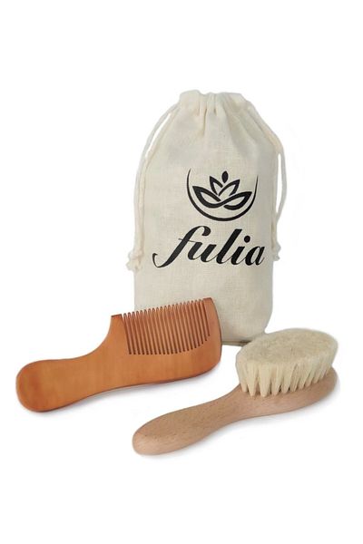 Fulia Natural Goat Hair Baby Hair Brush (0 MONTHS) and Natural Wooden Comb Set of 2 - Midi Size