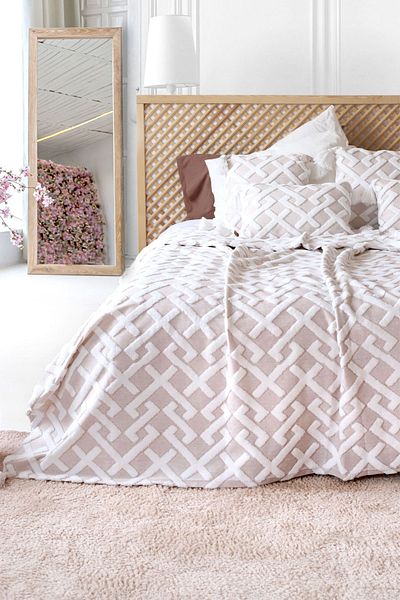 HAMUR Scandinavian Bedspread Set Double Set Bohemian Punch Ponch Pattern Elda Beige