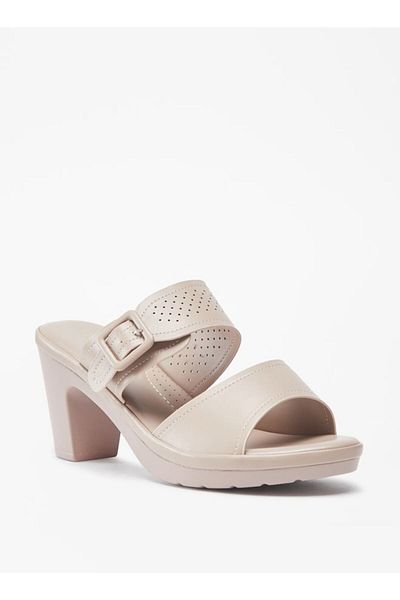 Flora Bella by Shoexpress Buckle Detail Slip-On Sandals with Block Heels