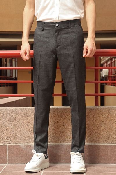 inpool Men's Black Plaid Pattern Slim-fit Polyviscose Trousers