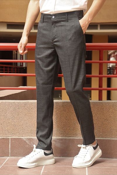 inpool Men's Black Plaid Pattern Slim-fit Polyviscose Trousers