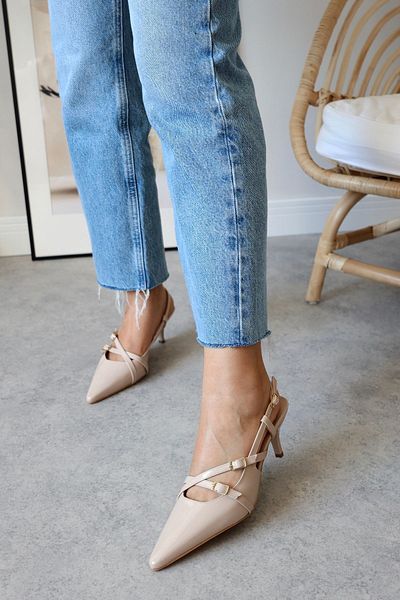 POLKA STORE Obsession Pantofi de damă cu toc din piele lacută ecru, cu cataramă cu două curele, piele neagră