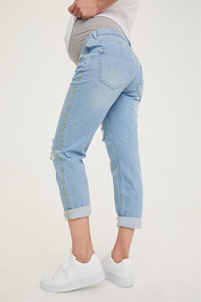 VAVIEN Hamile Boyfriend Jean Likralı Nakış Detaylı Yıpratmalı Denim Pantolon Açık Mavi 1054