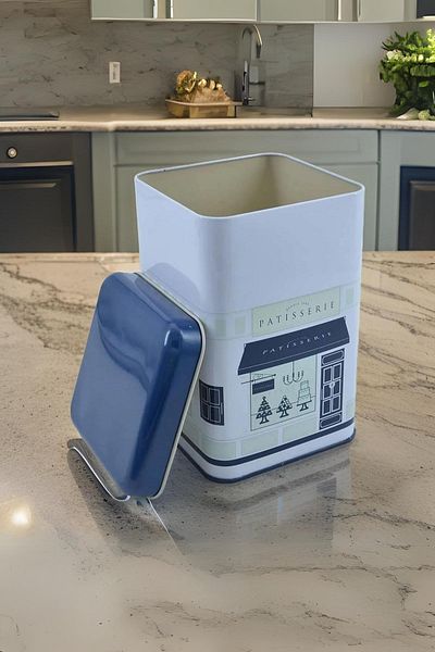 EVLE Ef022-f8 Patisserie Blue Home Patterned Square Metal Storage Container 11x11 Cm