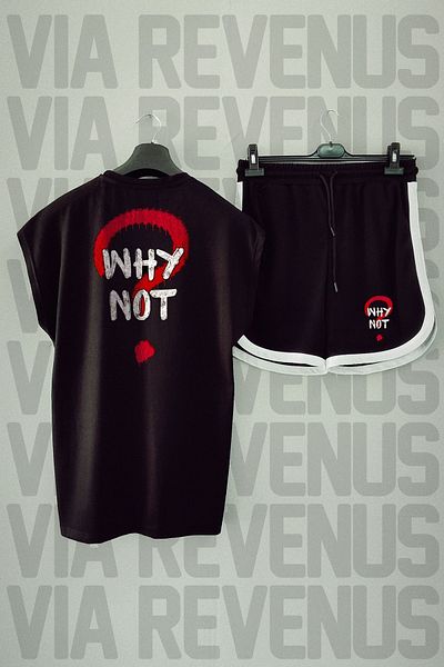 Vordevia Why Not?- Back Printed Black Oversize Sports T-shirt and Shorts Set