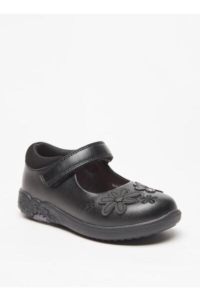 Juniors Flower Applique Mary Jane Shoes with Hook and Loop Closure