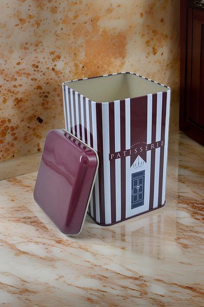 EVLE Ef022-f6 Patisserie Line Patterned Square Metal Storage Container 11x11 Cm