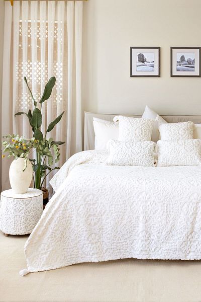 HAMUR Ecru Color Double Scandinavian Bedspread Set - Bohemian Punch Punch Pattern Motif