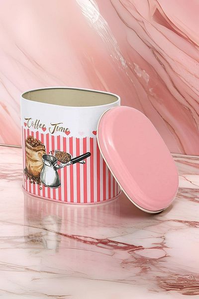 EVLE Ef004-e7 Sprinkles Coffee Time Patterned Oval Metal Storage Container 11x15 Cm