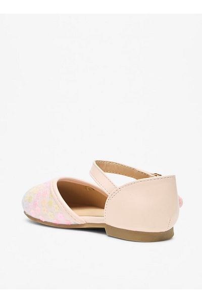 Juniors Floral Embellished Ankle Strap Ballerina Shoes with Hook and Loop Closure