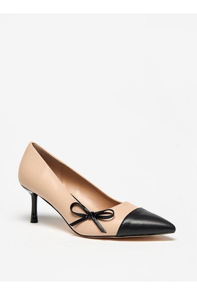 Flora Bella by Shoexpress Dual Tone Slip-On Pumps with Kitten Heels and Bow Applique