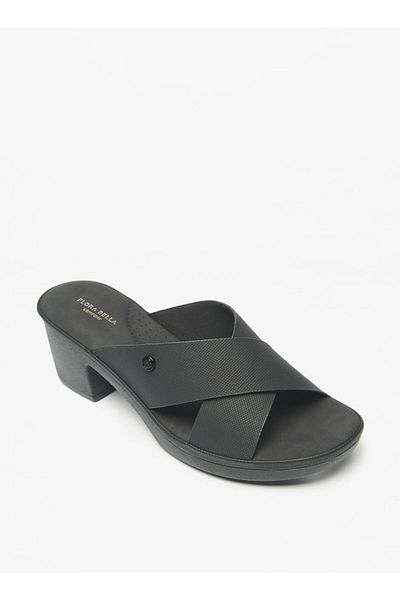 Flora Bella by Shoexpress Textured Slip-On Cross Strap Sandals with Block Heels