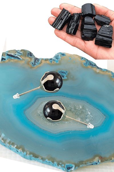 Tesbih Atölyesi Real Black Tourmaline - Certified Point Natural Stone Earrings