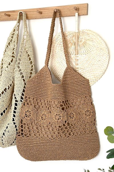 BECCASTYLE Large Shoulder Tote Bag - Floral Straw Knitted Summer Macrame Beach Bag