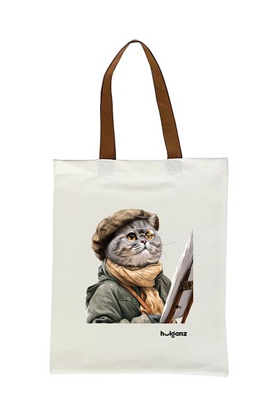 Hulganz Brown Tote Bag - Cat Painter, Printed with Handle, 33x40cm