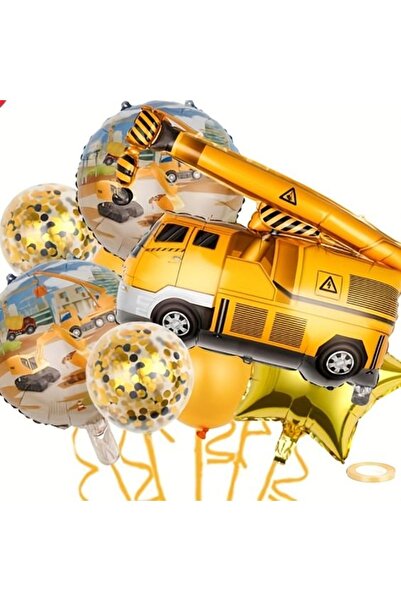 Parti Station İnşaat Konsept Vinç Kamyon Balon Set Vinç Balon Buketi Truck Ba...