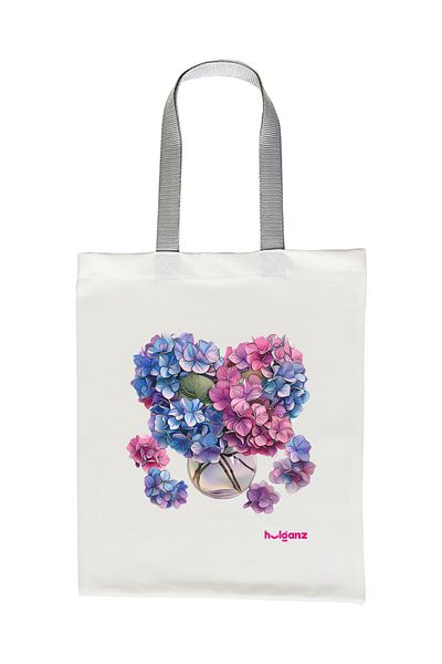 Hulganz Gray Handle Printed Tote Bag - Hydrangea 33x40cm