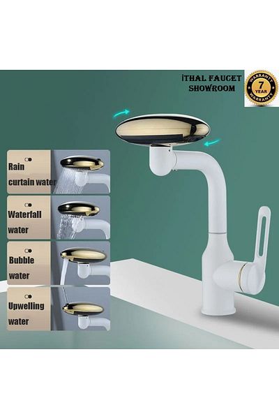 OEM 4-Function Shower Waterfall - Bathroom Sink Kitchen Sink Faucet, White/Gold