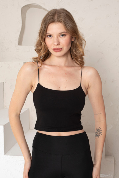 NKCOLLECTİON Black Rope Strap Short Crop Knitted Cotton