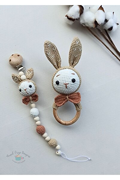 Masal Örgü Dünyası Amigurumi Tavşan Diş Kaşıyıcı & Çıngıraklı Emzik Zinciri - Bej