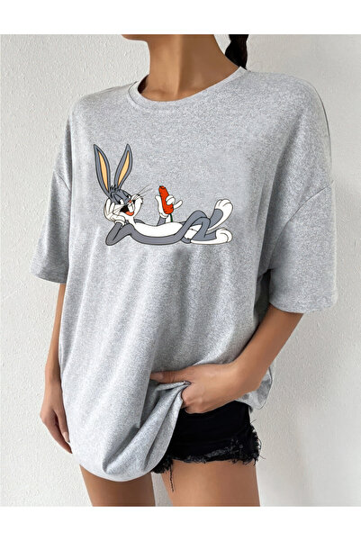 oneagılyazı تي شيرت مطبوع بتصميم باغز باني كبير الحجم 1