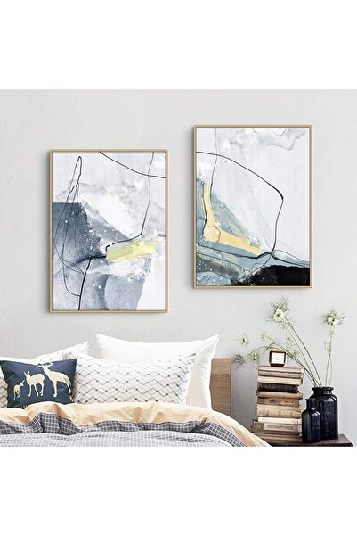 Linacci Σετ ζωγραφικής με αφηρημένη μπλε γυάλινη αφίσα με διπλό χρυσό λεπτό μεταλλικό πλαίσιο