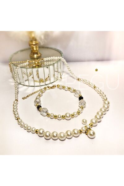 pegu baby collection ÖZEL TASARIM ALTIN KAPLAMA İNCİ VE KRİSTAL TAŞLI KOLYE VE BİLEKLİK SETİ , HEDİYELİK