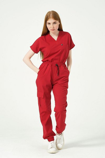 Pratik Medikal Unisex Red Lycra Scrubs - Cargo Pocket, Jogger Leg, Bat Sleeve Set