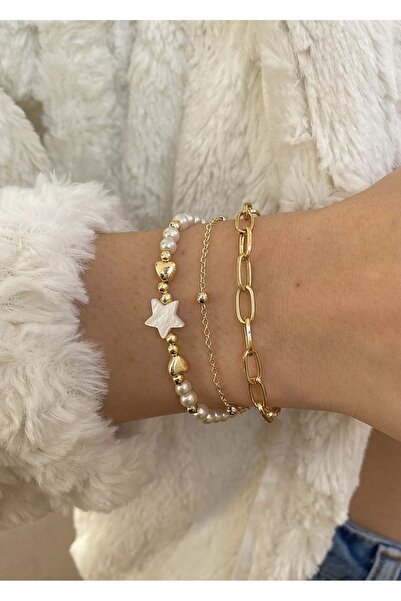 takıtarzım Sedef yıldız 3'lü gold zincir kadın bileklik