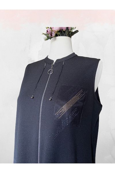 TUSSE Stone Embroidered Elegant Steel Ottoman Fabric Stylish Long Zipper Closure Plus Size Mother Vest