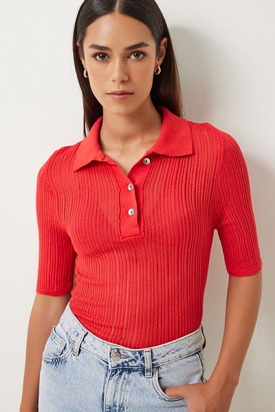 Happiness İstanbul Red Polo Neck Knitwear Blouse - Light and Transparent FN03211