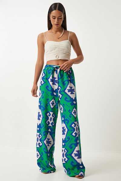 Happiness İstanbul Grün-blau gemusterte Palazzo-Hose aus Leinen für Damen - BH00397