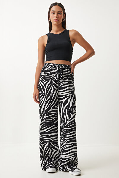 Happiness İstanbul Dámské Ecru černé vzorované splývavé viskózové kalhoty Palazzo EN00606