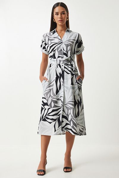 Happiness İstanbul Viscose Shirt Dress - Grey, Black Print and Belted DD01331
