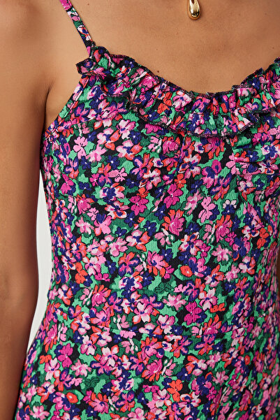 Happiness İstanbul Rózsaszín zöld mintás texturált női ruha - pántos FN03193