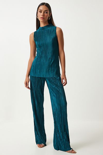 Happiness İstanbul Emerald Green Women's Knitted Blouse and Palazzo Pants Set - Pleated, Sleeveless FN03192