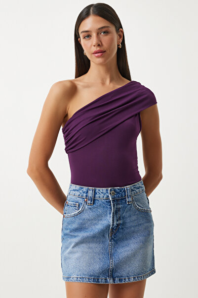 Happiness İstanbul Γυναικεία πλεκτή μπλούζα Purple One Shoulder Gathered - DZ00112