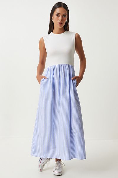 Happiness İstanbul Ecru Blue Striped Poplin A-line Dress - Knitted Top Summer UB00290