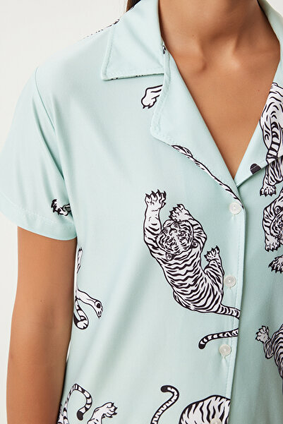 Happiness İstanbul Vízzöld mintás női kötött pizsama szett - ing és nadrág FP00006