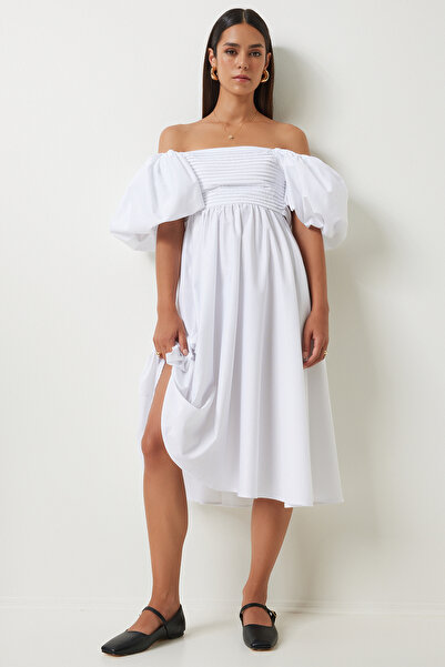 Happiness İstanbul Biała sukienka księżniczki z bufiastymi rękawami - kokardka FN03227