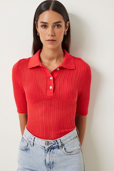 Happiness İstanbul Red Polo Neck Knitwear Blouse - Light and Transparent FN03211