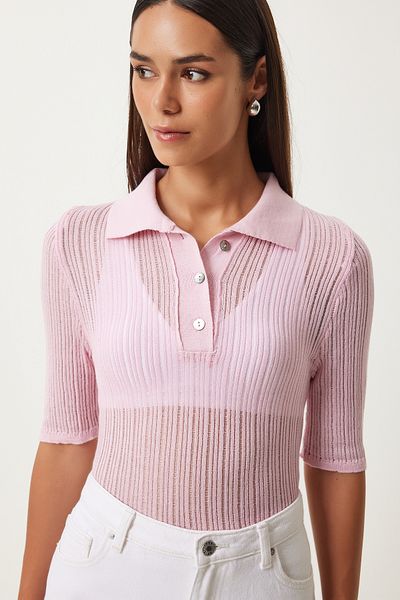 Happiness İstanbul Rosa Rollkragen-Strickbluse für Damen - Leicht und transparent FN03211