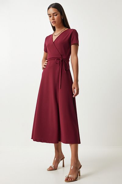 Happiness İstanbul Burgunderrotes Midi-Strickkleid mit V-Ausschnitt für Damen - Wraped TO00134
