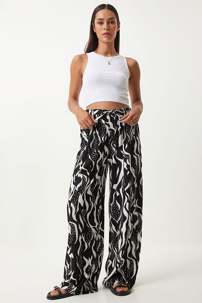 Happiness İstanbul White Patterned Black Viscose Palazzo Trousers - EN00606