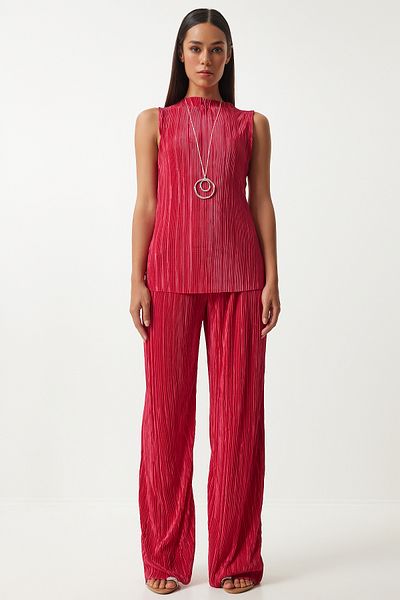 Happiness İstanbul Dunkelrosa Set aus Strickbluse und Palazzo-Hose – Plissiert, ärmellos FN03192