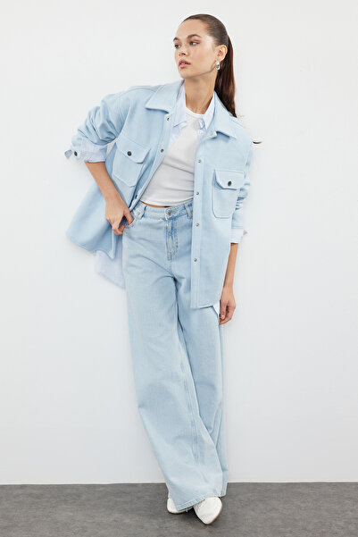 Trendyol Collection Modrý oversize Razítko Shacket Slim Jacket Coats TWOAW25MO00077