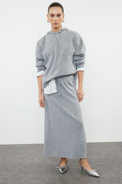 Trendyol Collection Gray Knitwear Top and Bottom Set - Hooded Skirt, Twoaw24Au00091