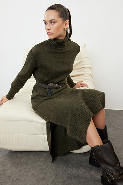 Trendyol Collection Χακί Midi Knitwear Φαρδύ Φόρεμα με απαλή υφή TWOAW24EL00034