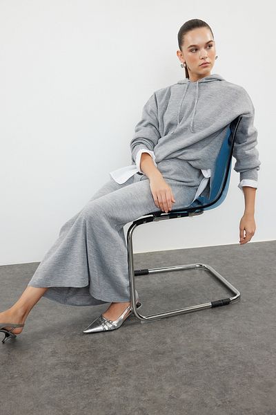Trendyol Collection Gray Knitwear Top and Bottom Set - Hooded Skirt, Twoaw24Au00091
